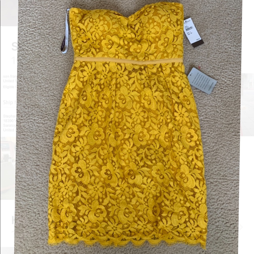 Jenny Yoo Strapless Yellow Lace Cocktail Dress